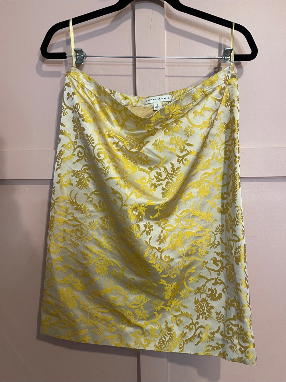 Banana Republic Yellow and Cream Damask Satin Slip Skirt